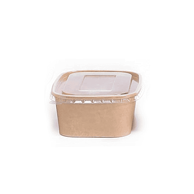880ml Kraft Paper Rectangle Cont + Clear Lid